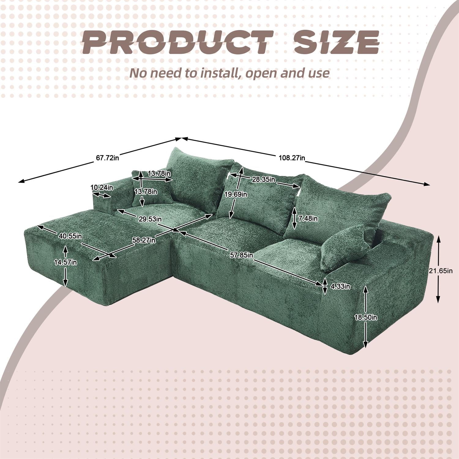 Demi Bonn 108" Modern L-Shaped Sofa, Premium Fabric Couch with Deep Seating, Freestyle Setup, No Assembly Needed for Living Room Relaxation, Green