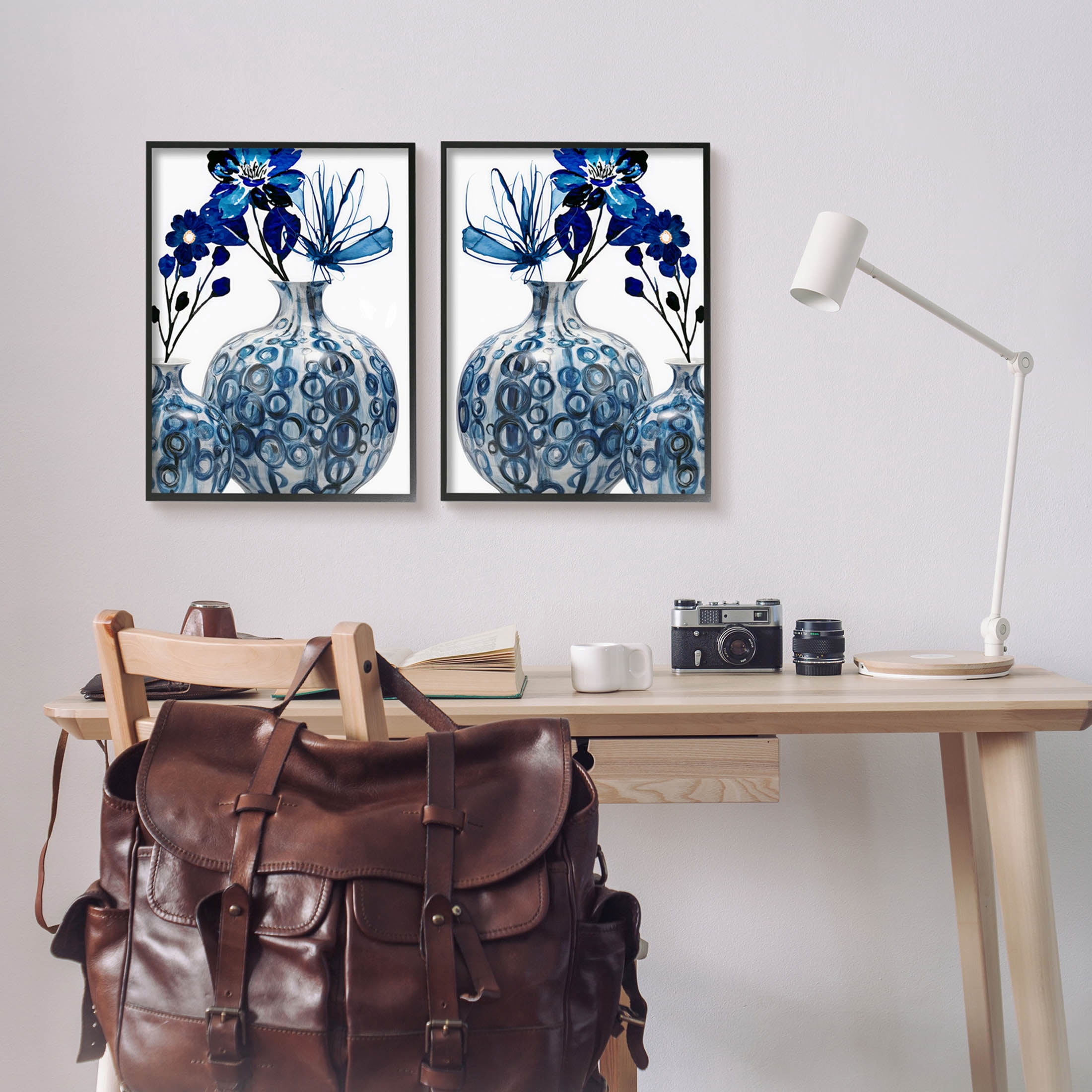 Bold Blue Ikebana Patterned Vase Botanical & Floral Graphic Art Black Framed Art Print Wall Art, Set of 2