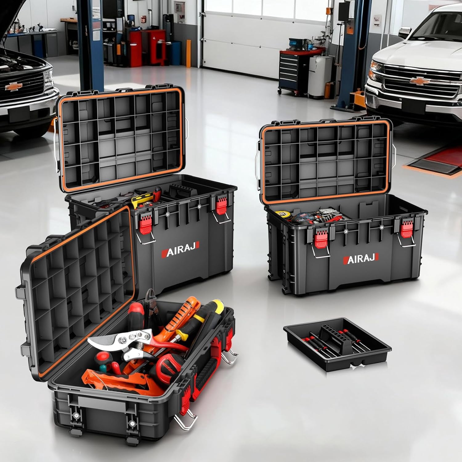AIRAJ Rolling Modular Stackable Tool Box Organizer with Wheels,Waterproof Toolbox for Hand/Power Tools,Removable Divider/Parts Box,All-Terrain Durable Wheels,Telescopic Pull Rod Handle