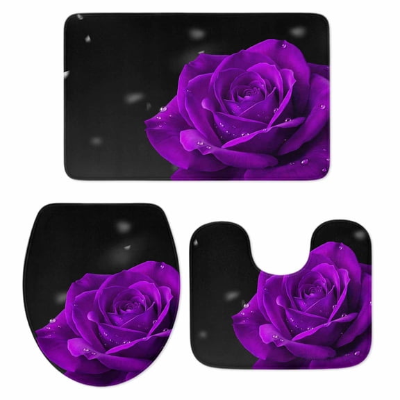Purple Roses Bathroom Rugs Set Flower with Water Droplets Retro Non Slip Absorbent Soft Bath Mats 3 Piece Set with Bathroom Rug, U-Shaped Floor Mat, Toilet Seat Cover Large Size
