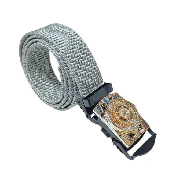 Gray Nylon Heavy-Duty Belt with Golden Metal Lock Buckle | Adjustable, Lightweight and Flexible Webbing Strap for Daily Use
