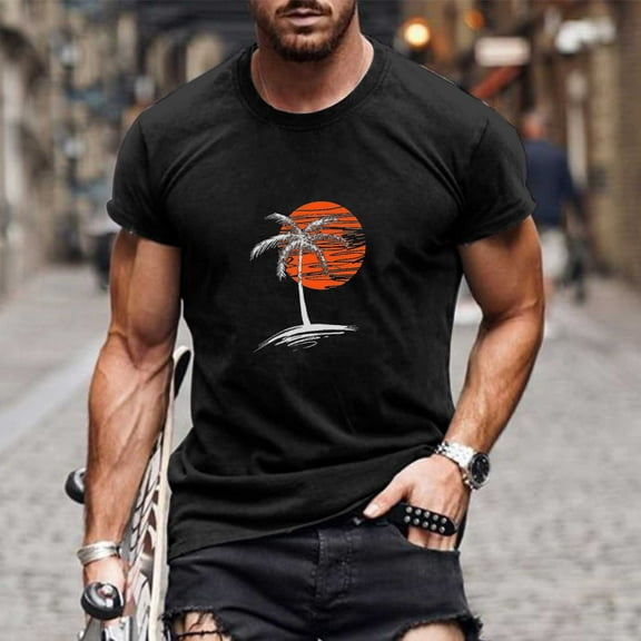 Titcea Mens T-Shirts Palm Tree Graphic Printed Short Sleeve V-Neck Shirts Beach Vacation Loose Comfort Tees