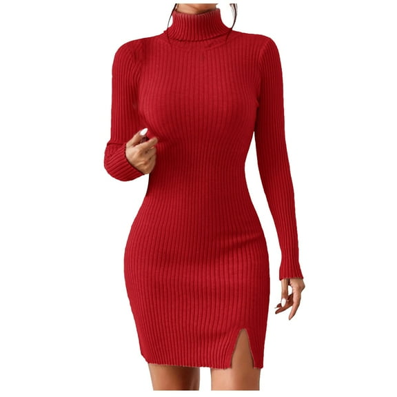 HNMKIU Sweater Dresses for Women Turtleneck Split Hem Knit Fall Dresses for Women Red,S