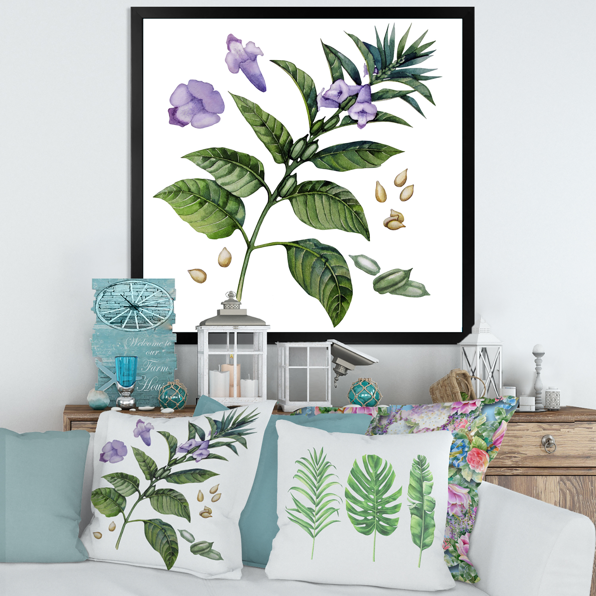 Designart 'Purple Sesame Flowers WIth Green Leaves On White' Traditional Framed Art Print