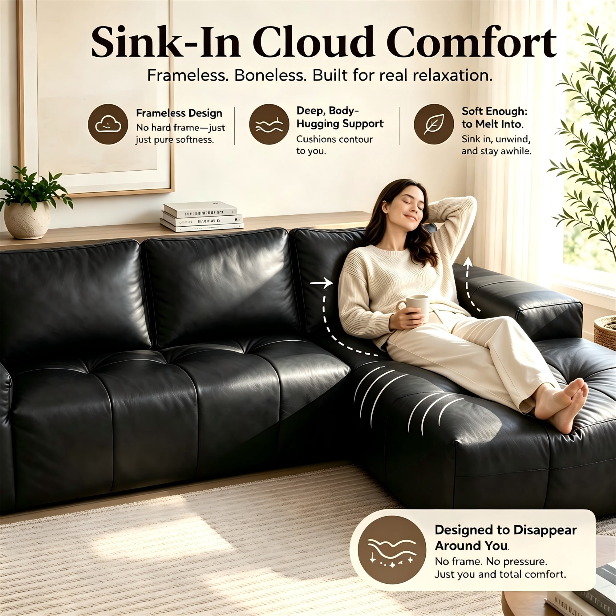 Aukfa 115" Leather Cloud Sectional Sofa Oversized Boneless Couch Modular L-Shaped Sofa for Living Room, Right Chaise, Black