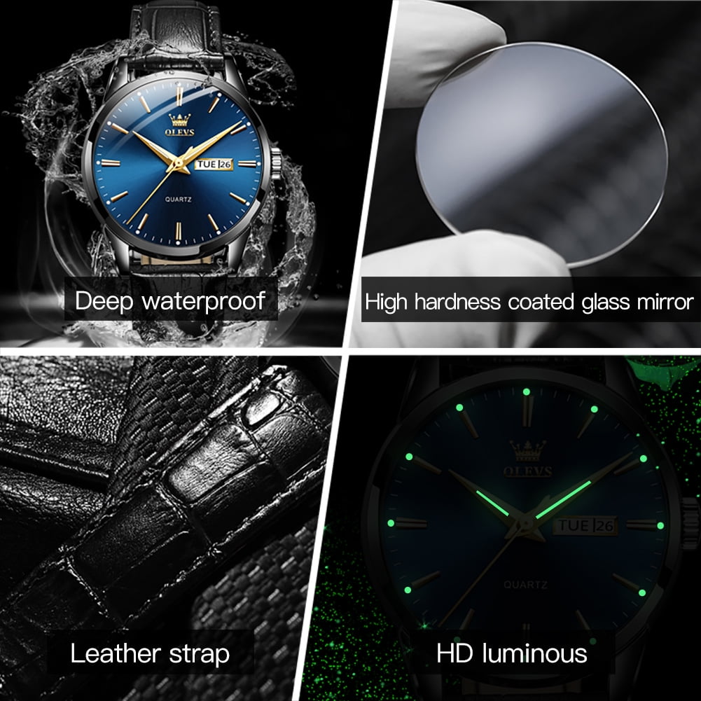 OLEVS Mens Watches,Black Leather Watch for Men,Analog Quartz Fashion Business Dress Watch Luminous Waterproof Casual Male Wrist Watches Reloj para Hombre Blue Dial