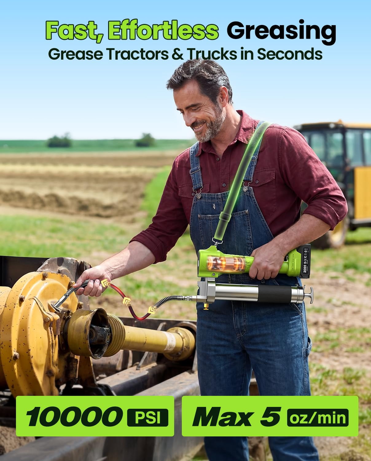 TaskStar Grease Gun with Lock-On Trigger for Effortless Greasing, Cordless Electric Grease Gun Kit, 2 Batteries, 40" Hose & LED Light, 14 oz Capacity for Tractor, Truck & Equipment Maintenance