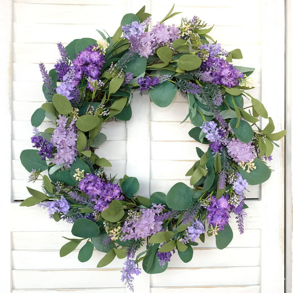 Idyllic 18 Inch Eucalyptus Leaves Purplr Flower Wreath For Everyday Front Door Decoration And Home Decor, Rustic Farmhouse Decorative Floral Wreath for Front Door Window Wedding Spring