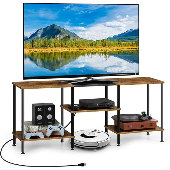 50-inch TV cabinet with power socket, bedroom TV cabinet, 3-layer TV cabinet with storage, can accommodate 50/43/40/32-inch TVs, country brown