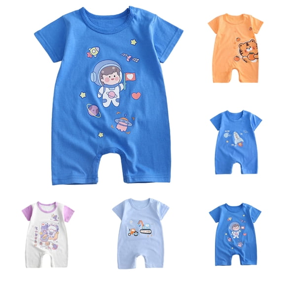 Einccm Baby Boys' and Girls' Unisex Short Sleeve Cotton Romper - Space Theme Print Lightweight Summer Jumpsuit - Comfortable Soft Snap Closure Bodysuit for Infants and Toddlers 1-12 Months