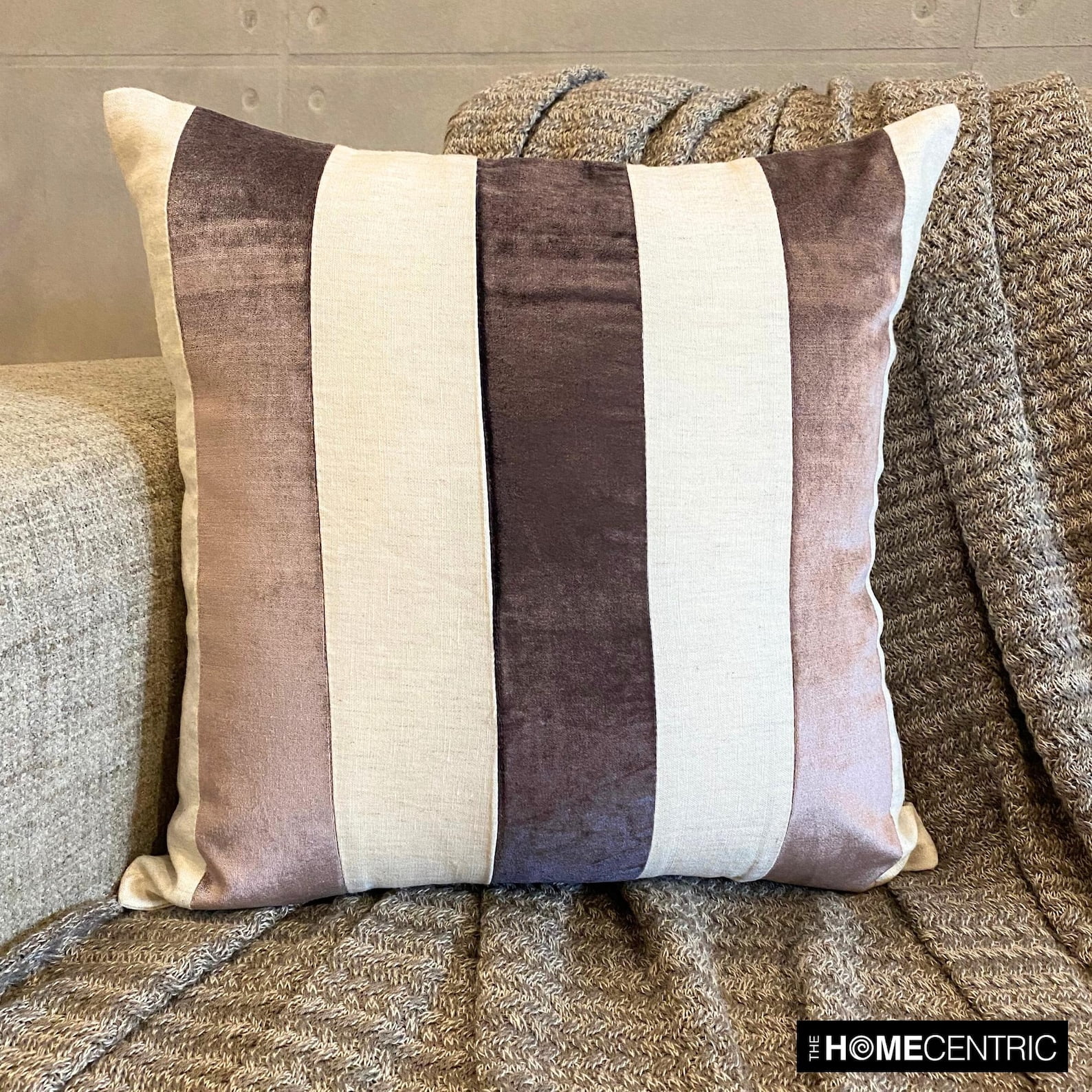 The HomeCentric Pillow Case Covers, Aubergine Pack of 2, 24x24 inch (60x60 cm) Throw Pillows, Velvet Patchwork Throw Pillows For Couch, Striped Pattern Modern Style Easter - Velvet Band Aubergine