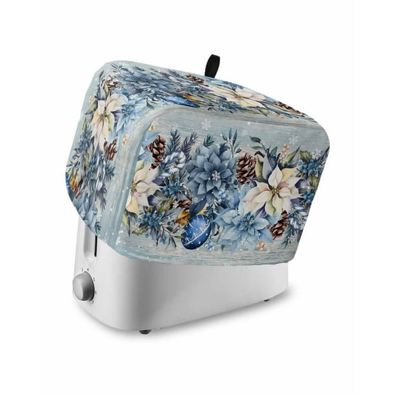 Fsddascl Blue Poinsettia Christmas Toaster Cover 2 Slice, Small Kitchen Appliance Covers, Xmas Botanical Balls Snowflake Vintage Toaster Oven Cover with Loop, Bread Machine Cover Polyester Dust Cover