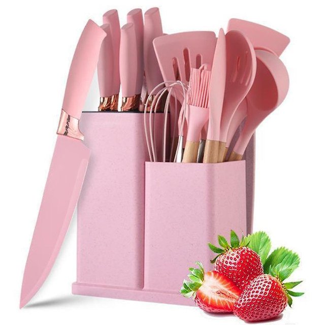 Hweilai 19PCS Kitchen Cooking Utensils Set Non-Stick Spatula Spoon Cutter Whisk Wooden Silicone Handle Heat pink