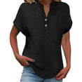 thumbnail image 2 of Black T Shirts for Women's Fashionable and Casual Solid Color V Neck Wrinkle Cloth Button Short Sleeve Rolled Up T Shirt Top Fashion Clothing, 2 of 6