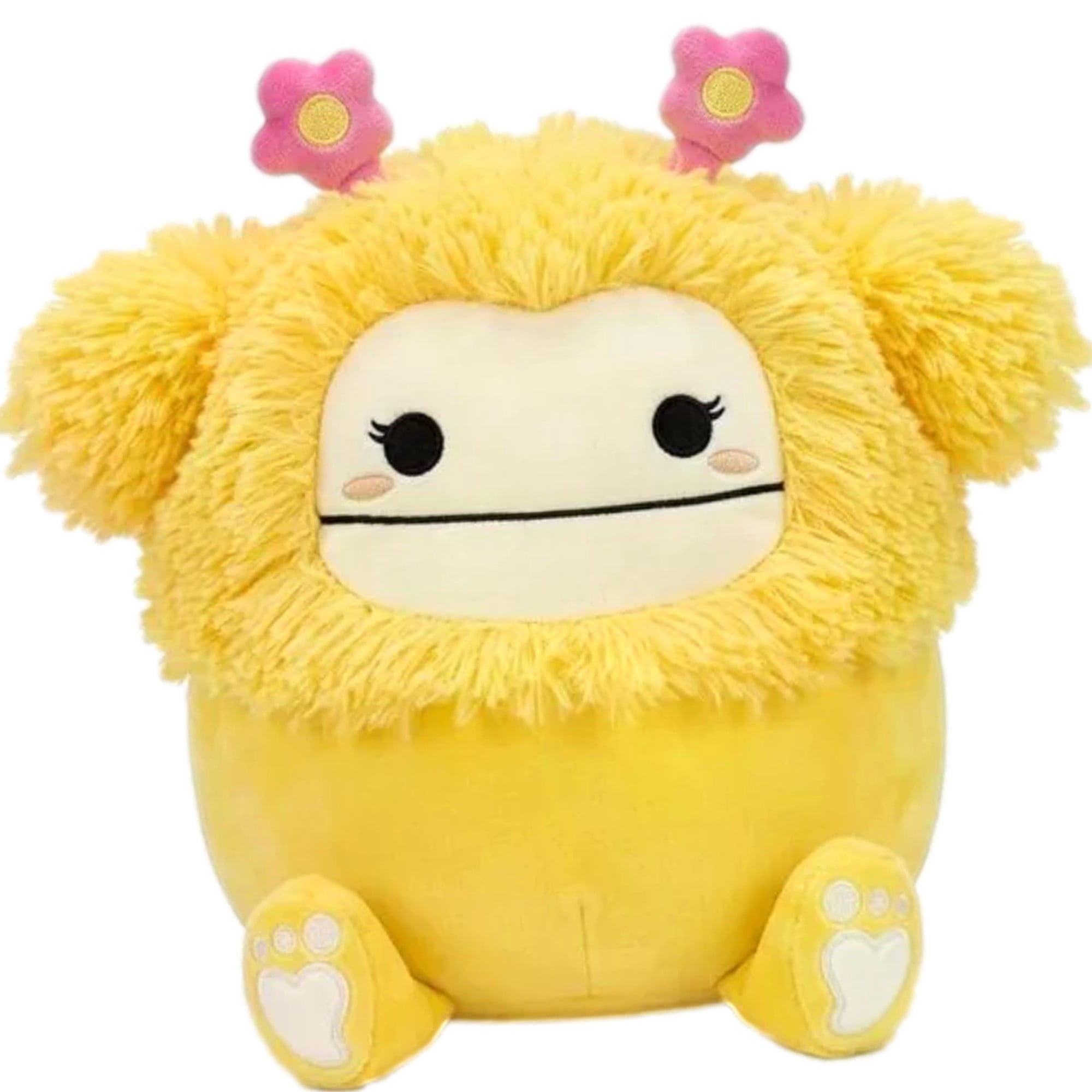 Squishmallows 8 Inch Nomi Easter Plush Toy, Yellow Bigfoot, Fuzzy Hair with Pink Flower Accents