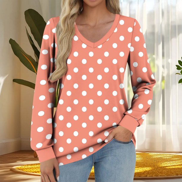 Heisall Womens Tops Long Sleeve V-Neck Loose Casual Tshirts Polka Dot Print Spring Autumn Fashion