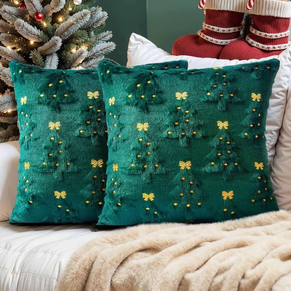 Christmas Pillow Covers 18x18 inch, Christmas Decorations Bows Xmas Tree Throw Pillow Cases Soft Plush Faux Fur Wool Pillow Covers Winter Holiday Decor for Sofa Living Room.Dark Green