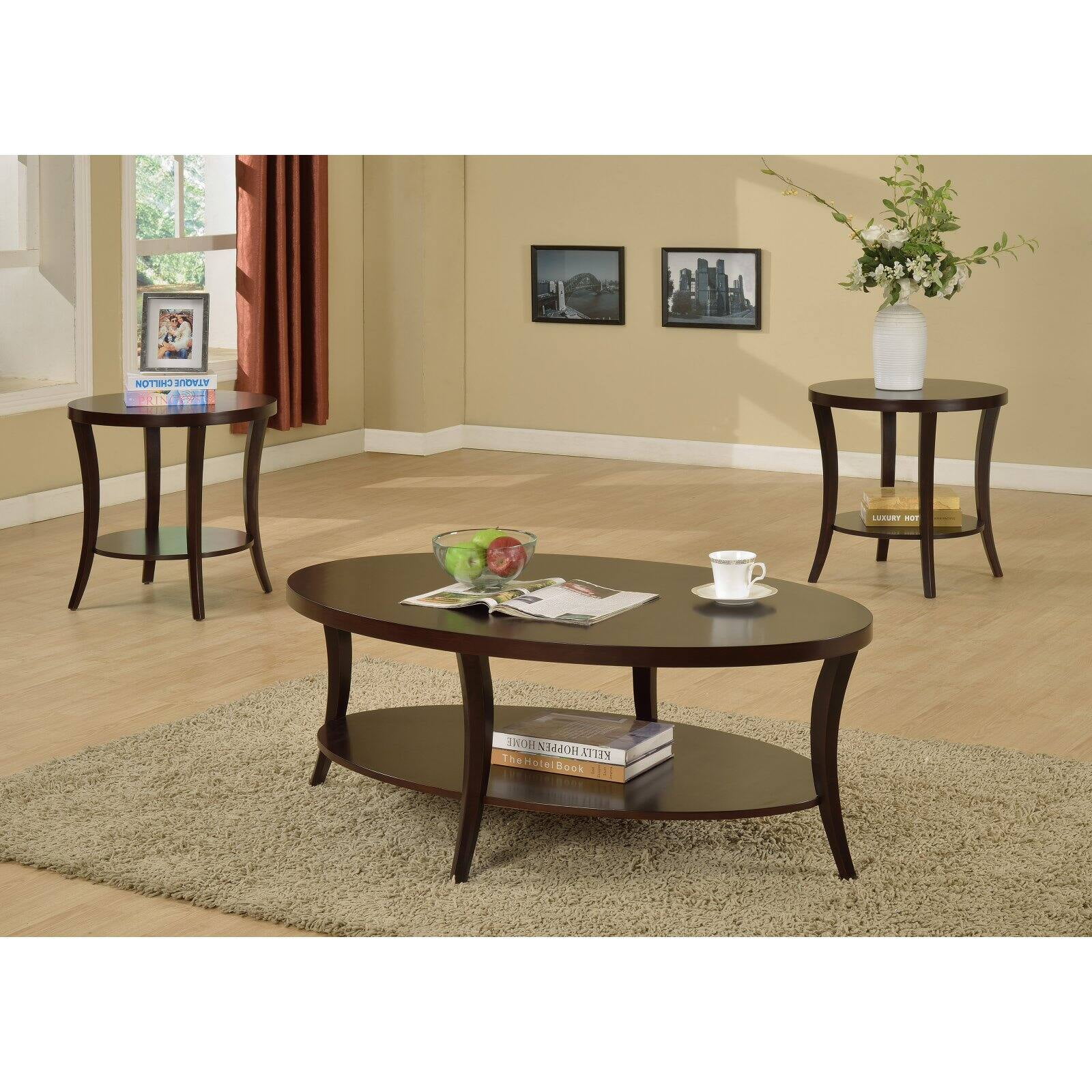 Roundhill Perth 3-Piece Espresso Oval Coffee Table with End Tables Set