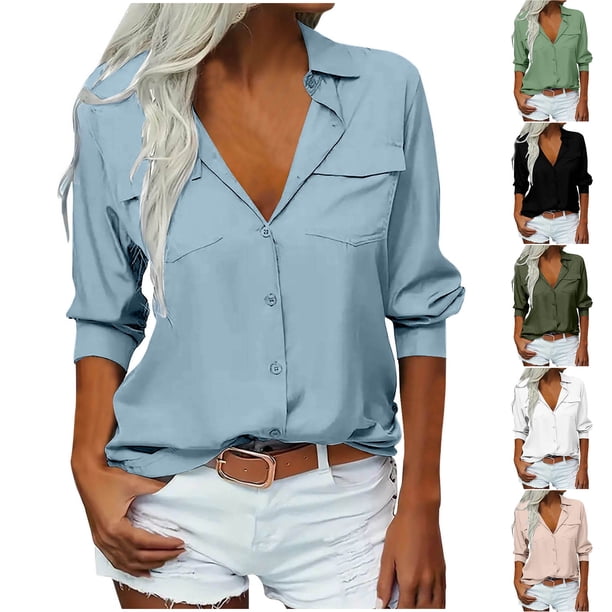 Tops de punto para mujer,Camisa informal de manga larga con botones para mujer, con dos bolsillos, poliéster, cuello vuelto, para uso diario y en casa, sopatenor