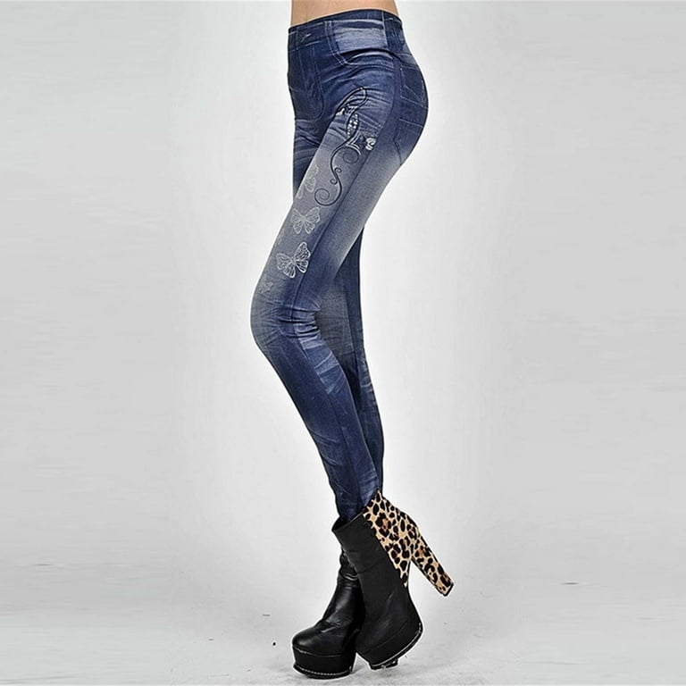 XFLWAM Fleece Lined Jean Look Leggings Jeggings for Women High Waist Tummy  Control with Back Pockets, Denim Print Fake Jean Dark Blue M