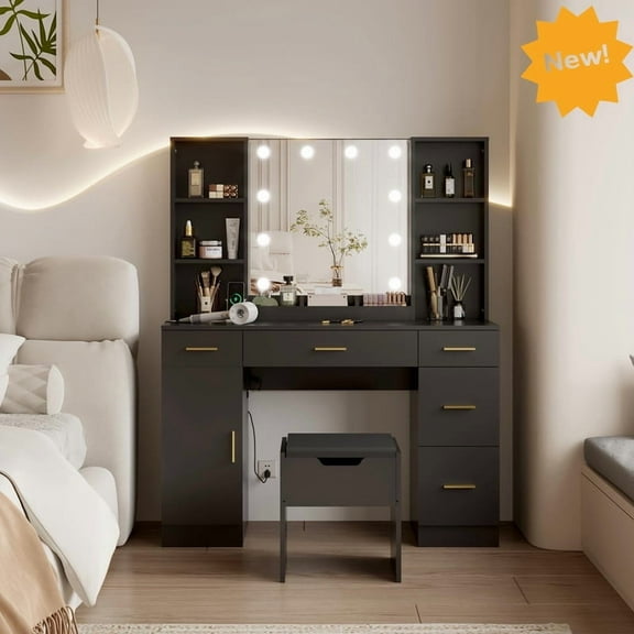 Modern Makeup Vanity Desk with LED Lights, Storage Drawers & Shelves, Adjustable Brightness, Vanity Table with Stool for Women & Girls