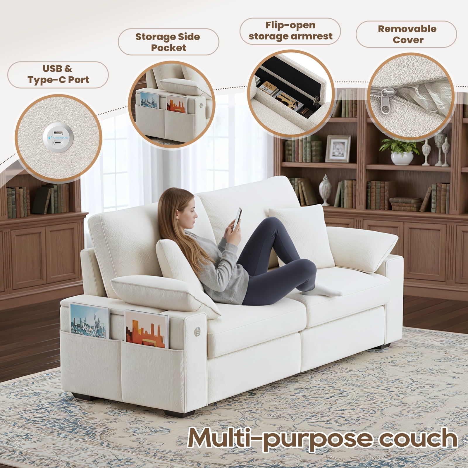 EOP 76" Loveseat Sofa, Comfy Modern 2-Seats Sofa with Pillow Armrest, USB/Type-C Port, Side Storage, Removable Cover, Deep Seat Couch, Small Couches for Small Space and Living Room, Beige