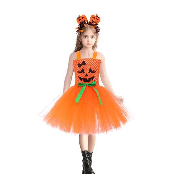 OGLCCG Girls Pumpkin Costume Kids Sleeveless Birthday Party Lace Tute Dress Fashion All Saints' Day Outfits 3-12 Years