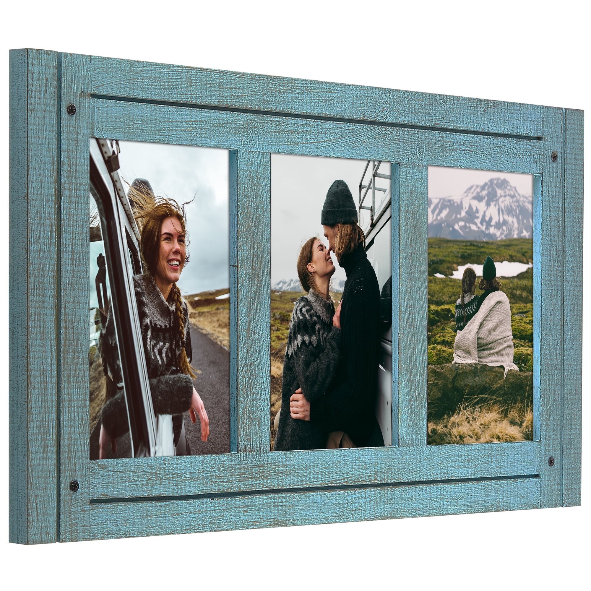 Americanflat 4x6 Hinge Frame Hinged Triple Photo Openings Polished Glass Distressed Collage Frames - Blue