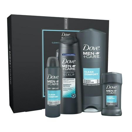 Dove Men+Care 4-Pc Gift Set Clean Comfort (Fortifying 2 in 1 Shampoo, Body Wash, Dry Spray, Deo)