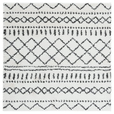 SAFAVIEH Arizona Teagan Geometric Shag Area Rug, Ivory/Black, 3'2" x 3'2" Square