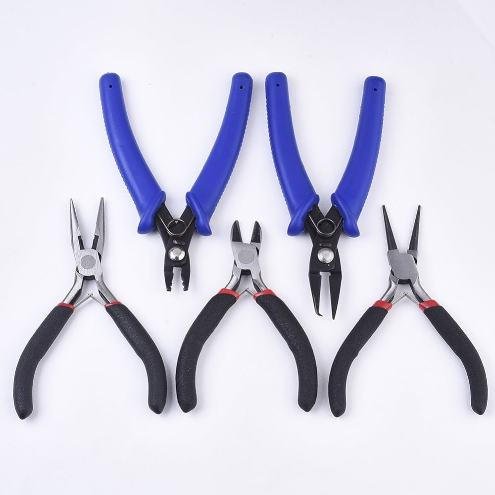 1 Set 45# Steel Jewelry Plier Sets Wire Round Nose Plier Chain Nose Plier with Cutter and Side Cutting Plier Mixed Color 14x6.5x1.4cm 5pcs/set