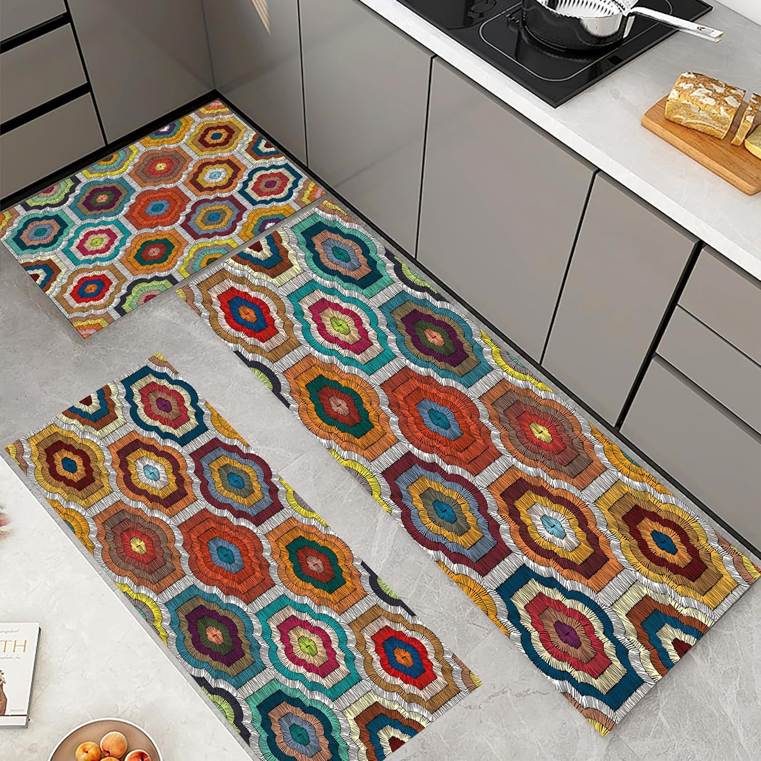 Boho Kitchen Rug Sets 3 Piece,Orange Green Blue Red Non Slip Kitchen Rugs and Mats Set,Boho Geometric Rugs for Floor Washable Kitchen Floor Rugs for Hallway Laundry Room 20x32+20x47+20x59 Inch