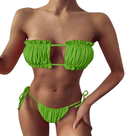 JIANJIA Swim Suits for Women Summer Solid Color Sexy Strapless Pleated Hollowed Out Brassiere With Thongs Two Piece Bikinis Swimwears Activewear Army Green M