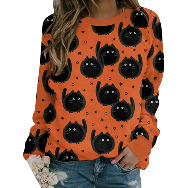 Txlixc Moda para mujer Camisa atlética de Halloween salvaje Calavera Fantasma Gato Calabaza con estampado de cuello redondo Jersey de manga larga Top Txlixc moda