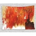 thumbnail image 1 of Fall Tapestry, Woman in White Dress Swinging Doves under a Tree with Leaves in Orange Shades, Wall Hanging for Bedroom Living Room Dorm Decor, 60W X 40L Inches, Orange Brown White, by Ambesonne, 1 of 2