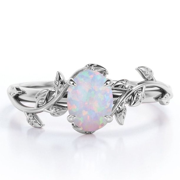 JeenMata Inspirado en la Naturaleza: Anillo de Compromiso con Engaste de Cuatro Puntas y Ópalo Arcoíris de Forma Ovalada de 1,3 Quilates, Chapado en Oro Blanco de 18 K sobre Plata