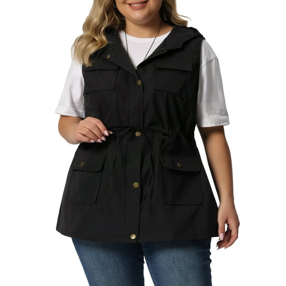 GRACE & GRANDEUR Gilet Utilitaire Anorak Grande Taille pour Femmes avec Cordon de Serrage Léger Sans Manches Cargo à Capuche 1X Noir