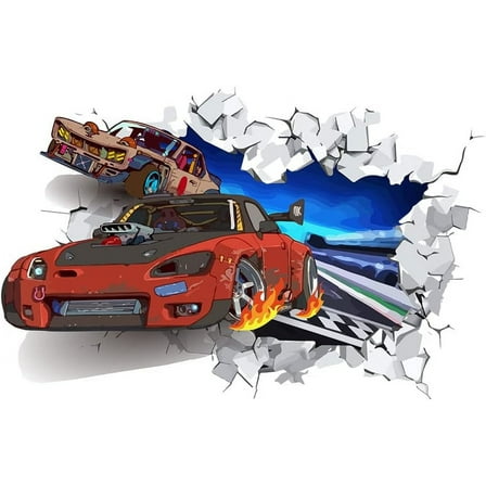 3D Cool Racing Car Wall Decal 3D Colorful Track Racing Vinyl Wall Stickers Removable Peel and Stick Art for Children's Room Kids Room Decor Nursery Kindergarten Decoration Red