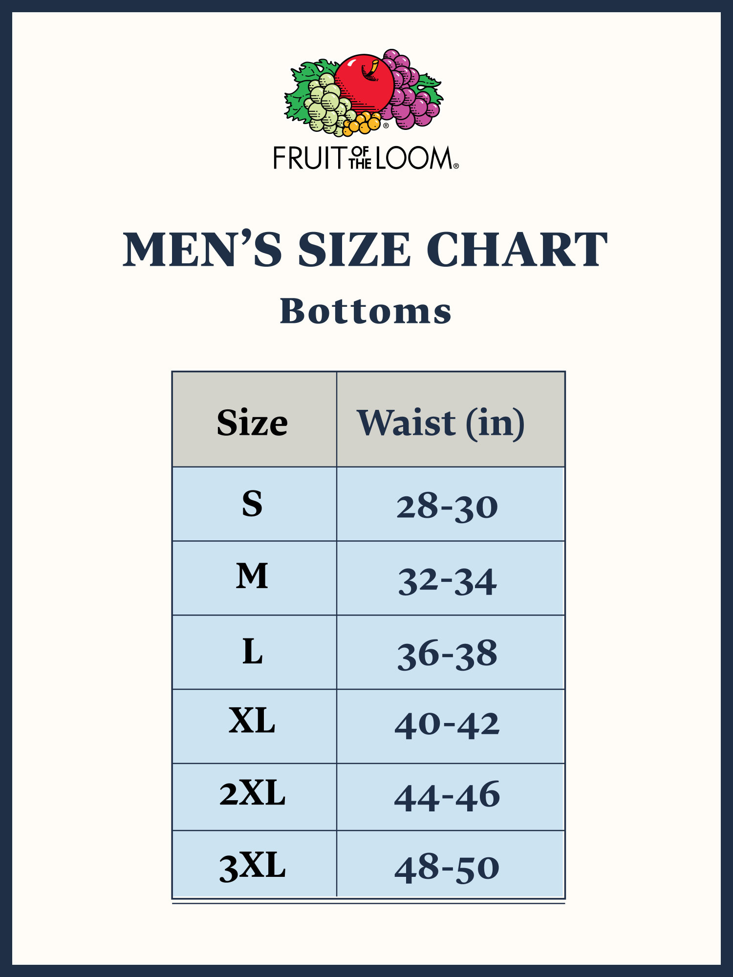 Size Chart Fruit Of The Loom