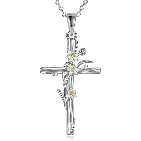 DOLIOX Women Cross Necklace Sterling Silver Birth Flower Pendant Necklace Religious Cross Jewelry Gifts for Women