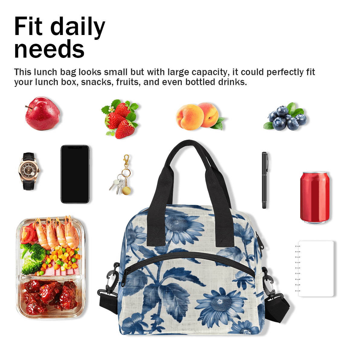 Herdesigns Sunflower Blue Flower Insulated Lunch Bag for Women Men Adults Large Reusable Lunch Box Leakproof Portable Cooler Tote Bags with Adjustable Shoulder Strap