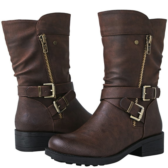 GLOBALWIN Women's Fall Fashion Biker Boots Mid Calf Boots for Women Brown 5.5M
