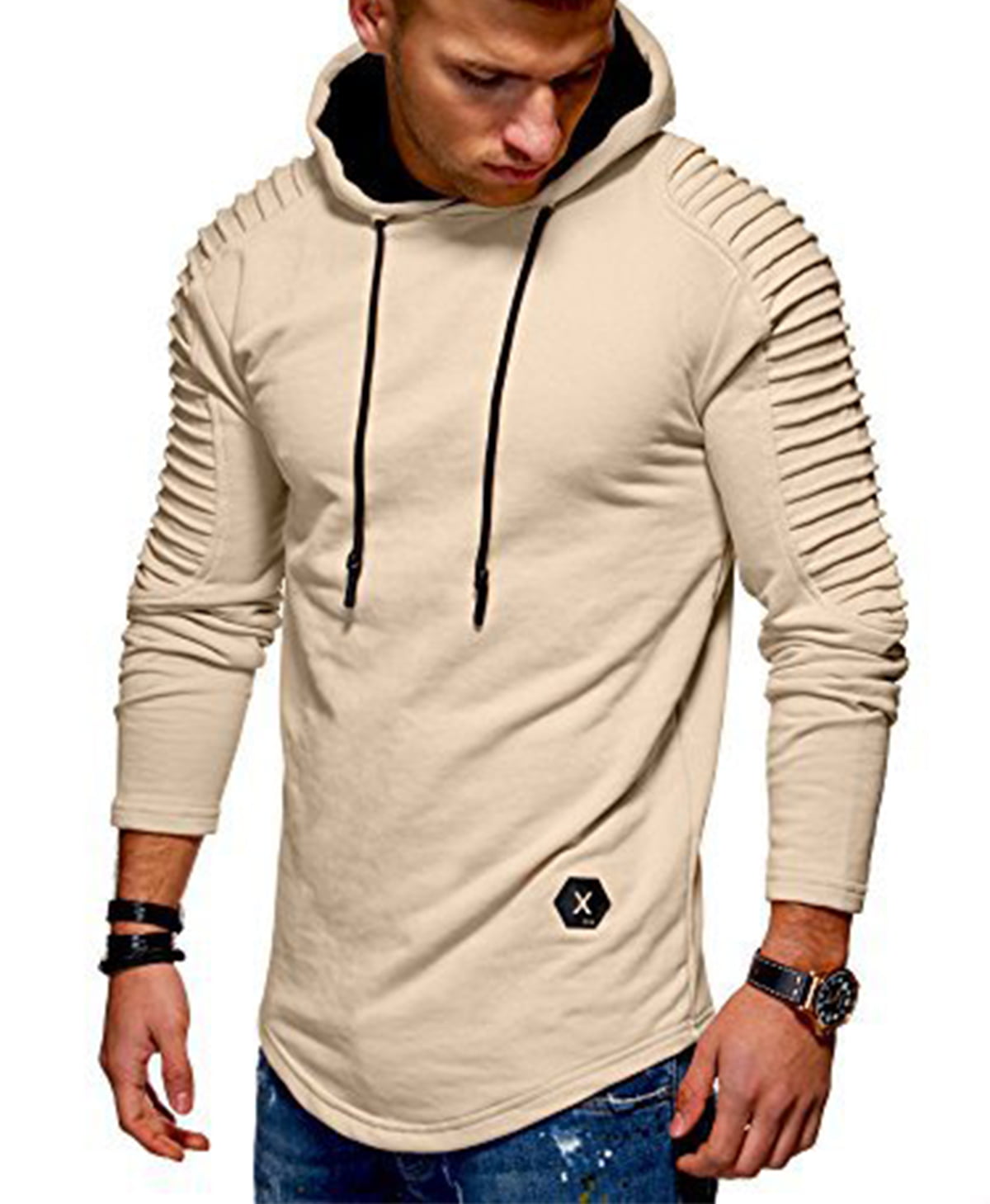 Mens Hoodies Pleated Raglan Lightweight Slim Casual Long Sleeve Solid Hooded Pullover Sweatshirts Outwear Jacket Coats 
