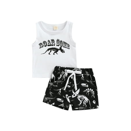 

Bebiullo Newborn Infant Baby Boy Summer Outfits Dinosaur Sleeveless Tank Top T-Shirt + Shorts 2pcs Pants Set White 12-18 Months