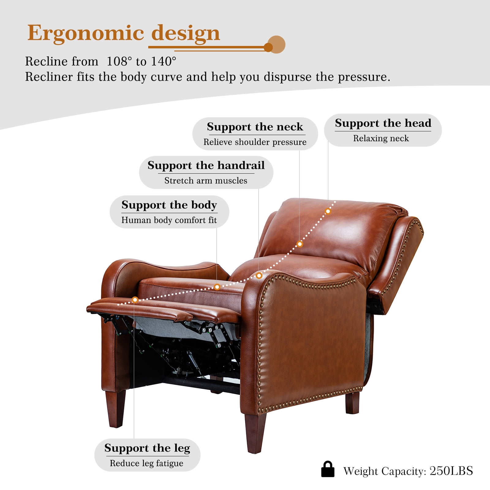 Genuine Leather Recliner Chair Push Back Upholstered Armchair Wingback Lounge Sofa Wood Leg Home Decor Living Room Bedroom Brown