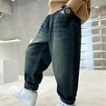 thumbnail image 4 of KYAIGUO Toddler Kids Boys Winter Solid Color Jeans Demin Pants Spring High Waisted Casual Fleece Baggy Sweatpants 5-15T, 4 of 7