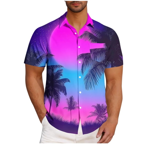 Mens Casual Manga Corta Botón Abajo Camisas Turndown Cuello Blusa de Impresión, Poliéster Ligero Top de la Moda para el Verano Al Aire Libre Y el Uso Diario