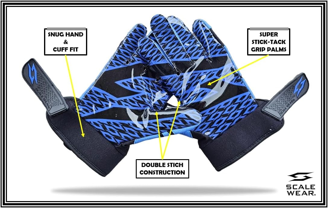 Scale Wear Black Stealth Padded Football Receiver Lineman Gloves Grip Silicone Palms Adult Mens Youth Sticky Boost Your Game Blue