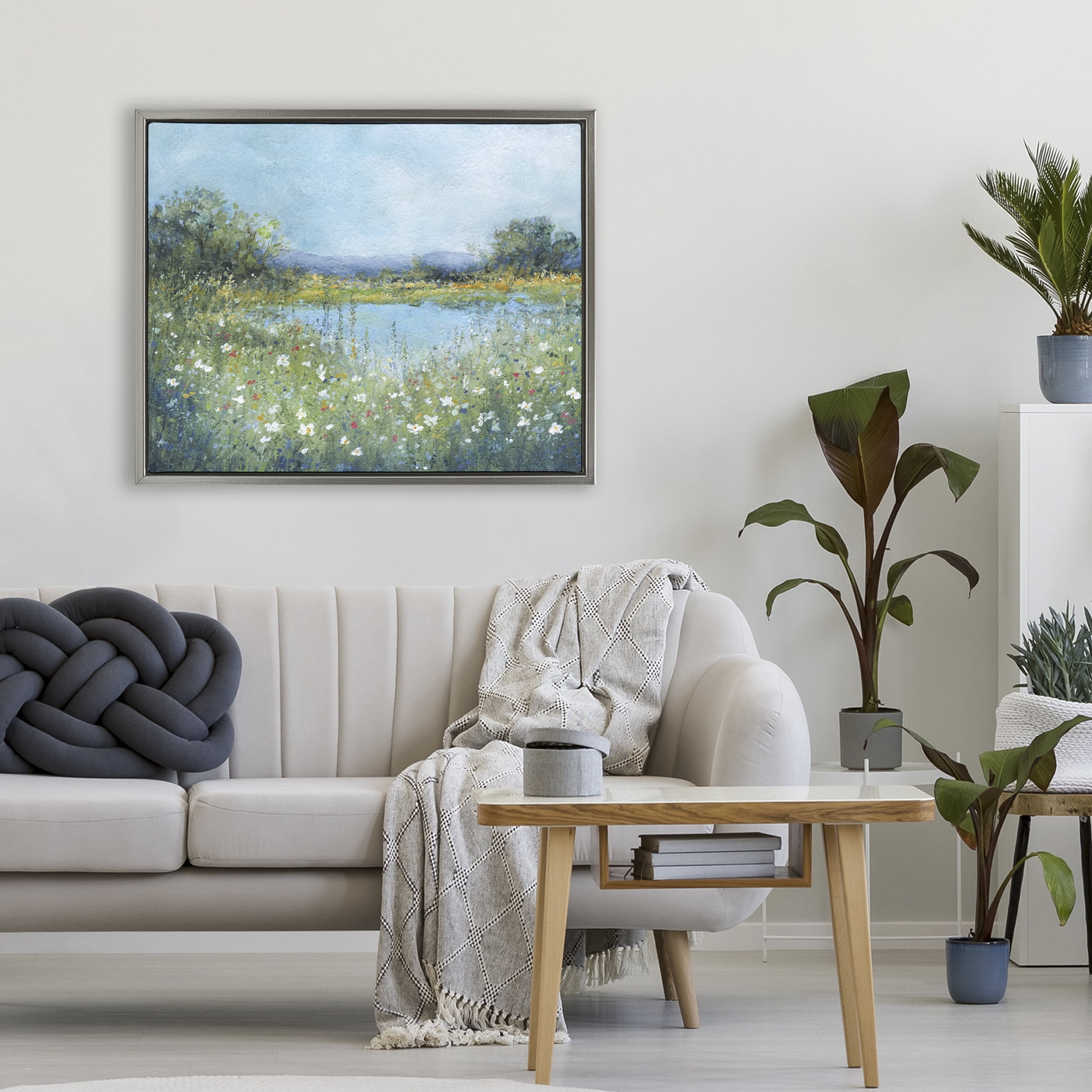 Stupell Industries Impressionist Meadow Surrounding Pond Gray Framed Floater Canvas Wall Art, design by Carol Robinson