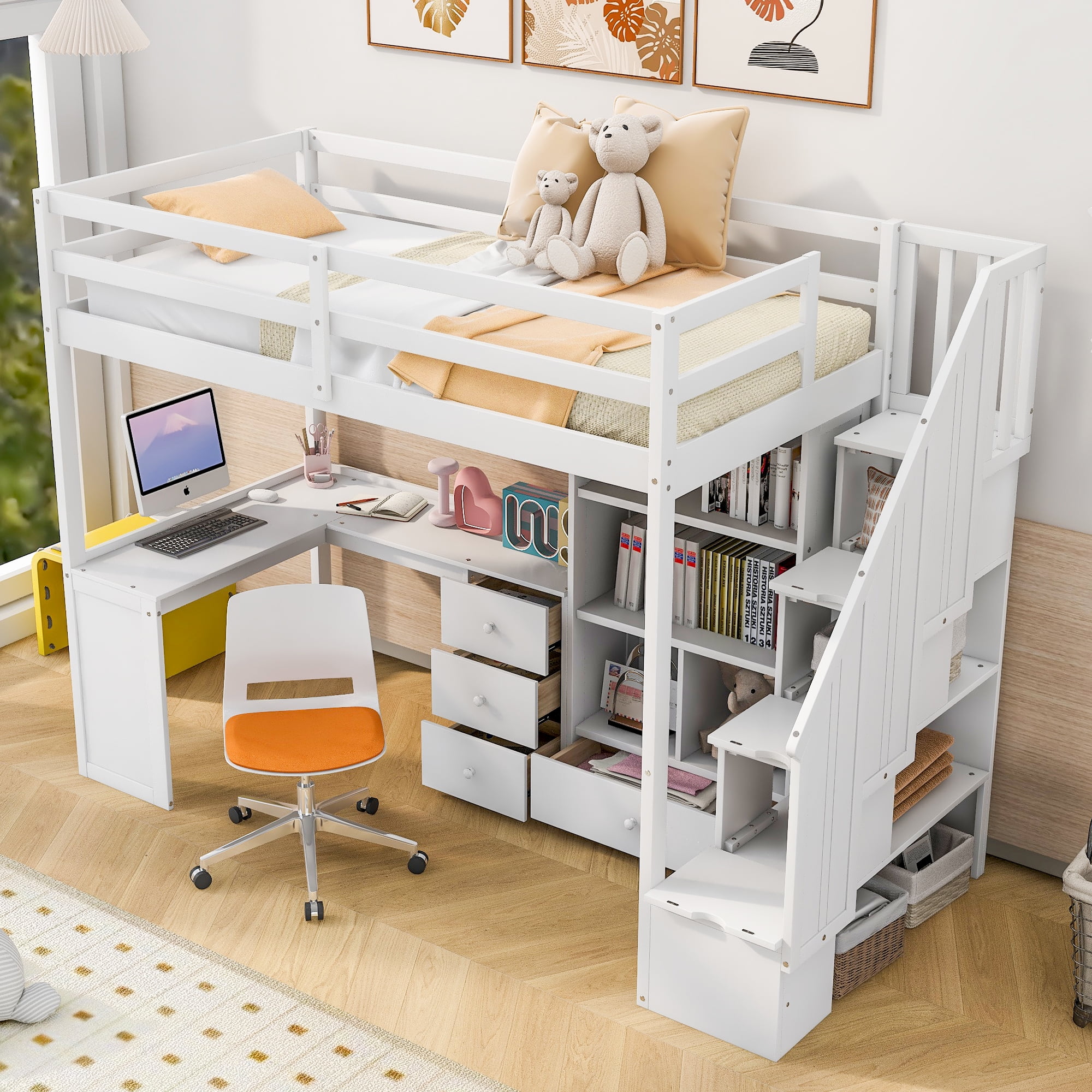 Euroco Wood Twin Size Loft Bed with Storage Cabinet and Desk for Kids, Teens,  White